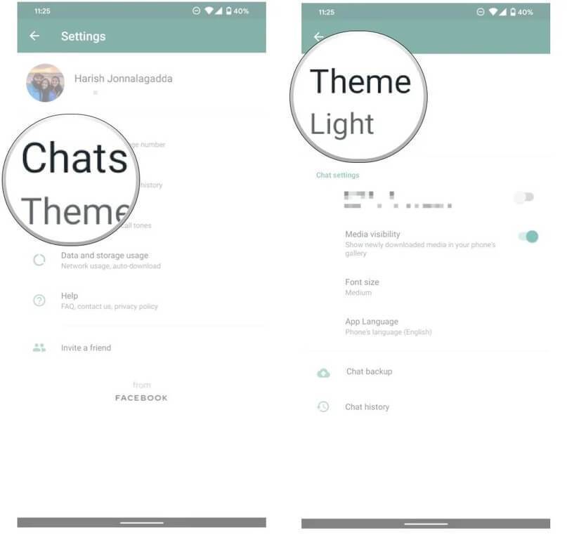 Selanjutnya pilih Chats kemudian klik Theme untuk membuka opsi tema WhatsApp